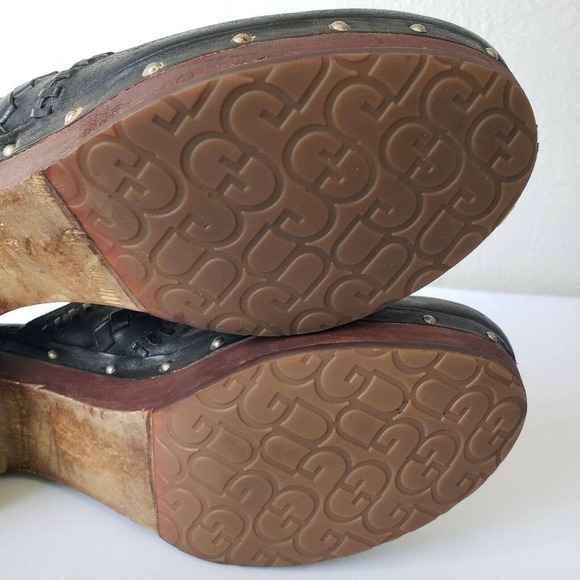 UGG Abbie Womens Black Leather Studded Wooded Clogs Size US 10 Sherpa Lined Mule - Picture 11 of 13